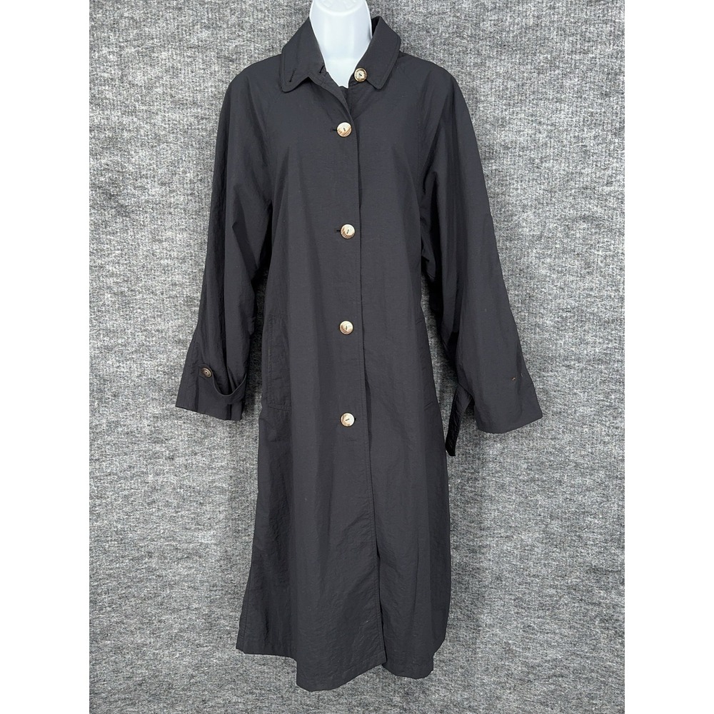 Orvis Coat Womens Medium Black Nylon Long Button Rain Trench Pockets Lined